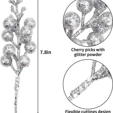 DIYASY Silvery Berry Stems for Christmas Tree Ornaments,20 Pcs 7.8 Inch Artificial Glitter Christmas Tree Picks,DIY Xmas Wreath, Holiday and Home Decoration