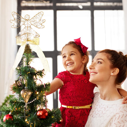 Sumind Angel Christmas Tree Topper Bow 9 Inch Lighted Christmas Tree Topper Glittered Angel Tree Topper with 30 LED String Light Christmas Tree Ornament Xmas Tree Decoration Supplies(Gold)
