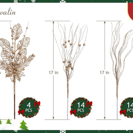 Serwalin 32 PCS Christmas Tree Picks Filler,Artificial Glitter Berry and Flowers Stem Branches Picks and Sprays for Xmas Tree Picks Decorations DIY Xmas Wreath, Crafts, Holiday Home Decor (Champagne)