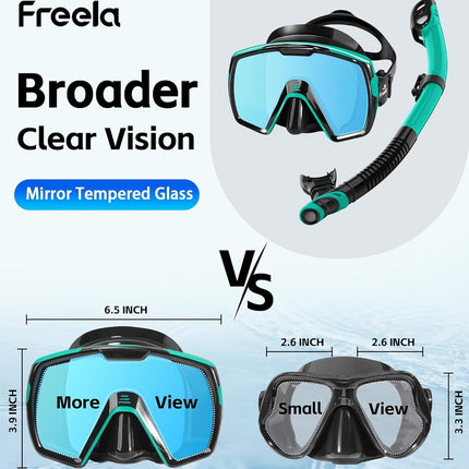 Freela Adult Dry Snorkel Set with Mirrored Lens Anti-Fog 180° Wide View Anti-Fog, Scuba Diving Mask with Nose Cover, Snorkeling Gear for Men Women - Green with Blue