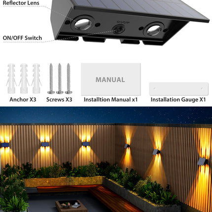 6PACK Solar Wall Lights Outdoor, Solar Lights Outdoor Up and Down Waterproof IP54 Solar Fence Light Christmas Decorations Outdoors for Yard Garden Garage Pools House Deck Porch (Warm White)