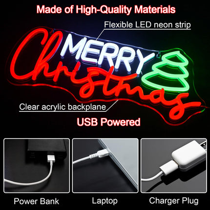 Christmas Neon Led Sign, Merry Christmas Neon Signs for Wall Decor, Christmas Tree Neon Light Sign with USB Powered for Christmas Party, Windows, Home Decor, Bedroom, Living room, Bar