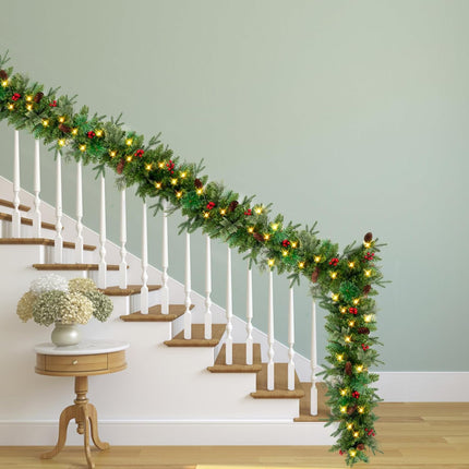 9FT Pre-Lit Artificial Christmas Garland with 50 LED Lights and Realistic Nordic Spruce and Scotch Pine Berries Pine Cones Xmas Garland for Mantle Stair Railing Indoor Outdoor