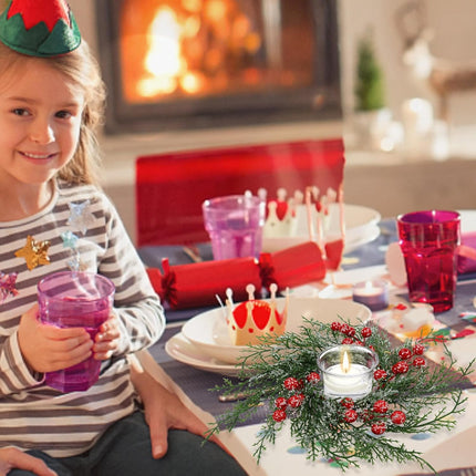 Christmas Candle Rings Wreath Artificial Candle Rings with Red Berry, Snowy Pine Garland Candle Ring Holder for Christmas Decorations Table Centerpiece (6 Pcs)