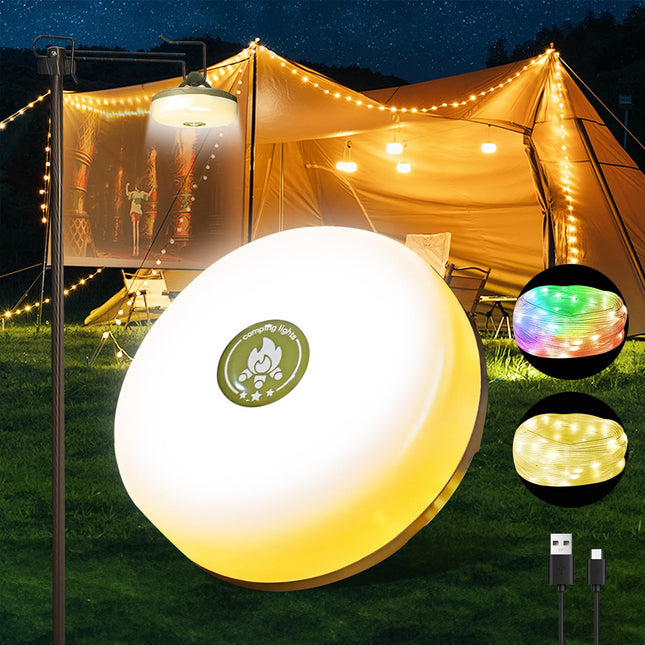 Camping String Lights,Camping Essentials Gear 32.8FT Lamp Lights Waterproof, 4 in 1 Outdoor String Lights with 8 Modes for Awn Tent Yard Garden Hiking Travel Decoration and Holiday Christmas