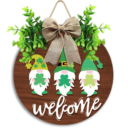 St Patrick Day Welcome Sign for Front Door Décor St Patrick Day Wood Door Wreath with Gnomes Shamrock Burlap Bow Decoration