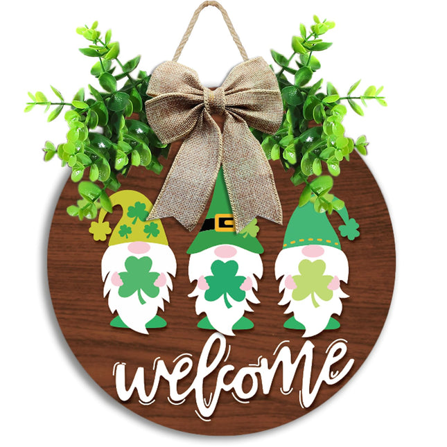 St Patrick Day Welcome Sign for Front Door Décor St Patrick Day Wood Door Wreath with Gnomes Shamrock Burlap Bow Decoration