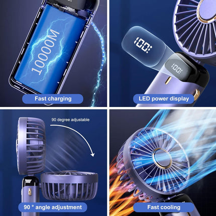 Handheld Fan, Led Power Gear Display Portable Lanyard Fan, 5 Wind Speed Adj Personal Small Desk Fan With Base, Lightweight Makeup