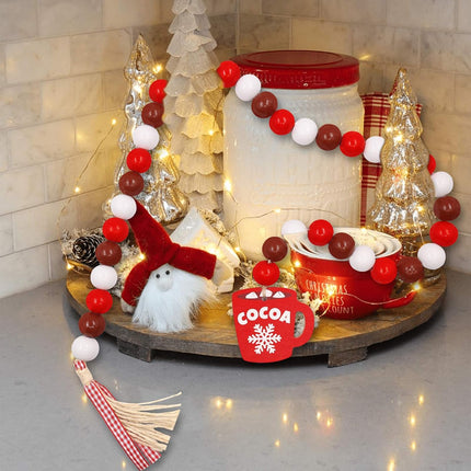 Hot Cocoa Wood Bead Garland Decorations Farmhouse Christmas Holiday Tiered Tray Decor Hot Chocolate Marshmallow Rustic Wooden Beads with Red Plaid Tassels Winter Year Ornaments