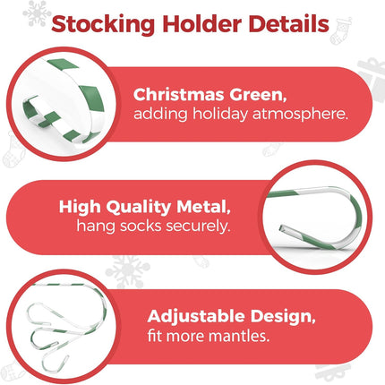 Christmas Stocking Holder for Mantle - Set of 4 Adjustable Xmas Stocking Hangers for Fireplace, Metal Weighted Mantle Garland Clips Hook for Extra Thick/Large/Flat/Square/Brick/Wood Mantle