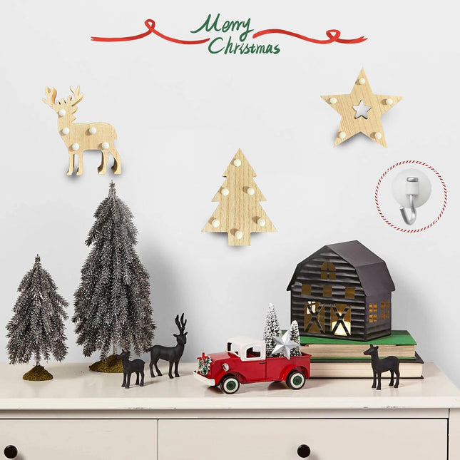 3pcs Wooden Christmas Tree Tabletop Decor, Supergorea，LED Luminous Christmas Decorations, 5.1in Pentagram Xmas Tree and Elk Deer for Xmas Desktop Ornament