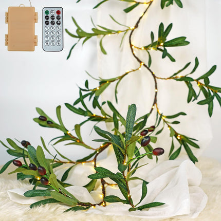 BOHON Greenery Garland Lighted Olive Branches 6FT 96 LEDs Fairy Lights Battery Operated with Timer, Artificial Olive Green Vine with Lights, Mantel Decorations for Fireplace Wall Tree Christmas Decor