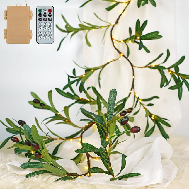 BOHON Greenery Garland Lighted Olive Branches 6FT 96 LEDs Fairy Lights Battery Operated with Timer, Artificial Olive Green Vine with Lights, Mantel Decorations for Fireplace Wall Tree Christmas Decor
