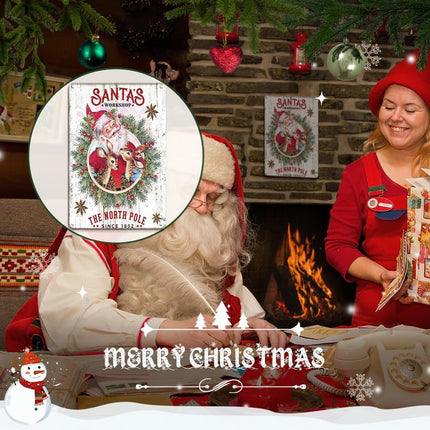 Christmas Decorations Santa's Workshop Sign Retro Santa Sign Retro Christmas Wreath Funny Christmas 8x12 Inch Metal Tin Sign Christmas Wall Art for Home Coffee Shop Retro Wall Decor Reindeer Poster
