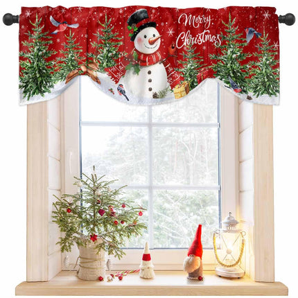 Christmas Tie Up Curtains Valances for Windows, Cute Snowman Xmas Tree Rod Pocket Blackout Balloon Curtain, Rustic Farmhouse Valance Curtains Topper Decor for Bedroom, Cafe - Red 54"x18"