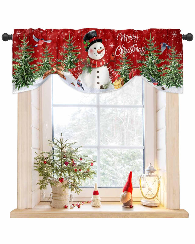 Christmas Tie Up Curtains Valances for Windows, Cute Snowman Xmas Tree Rod Pocket Blackout Balloon Curtain, Rustic Farmhouse Valance Curtains Topper Decor for Bedroom, Cafe - Red 54"x18"