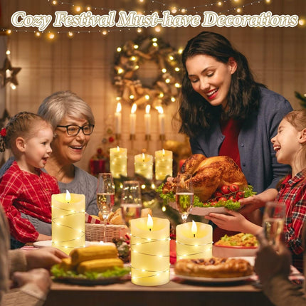 Palmatte 3PCS Fall Christmas Flameless Candles with Remote Timer String Lights 3D Flame, Electric Battery Operated Candles Flickering Fake Led Pillar Candles Fall Decorations for Home Table Room Decor