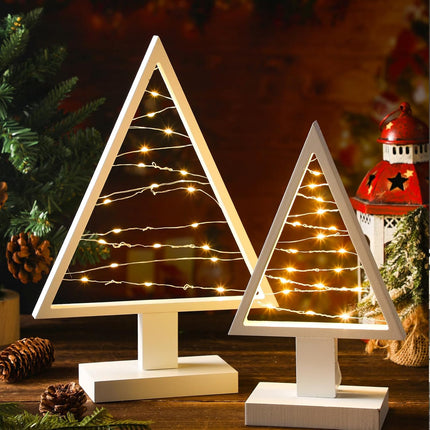 Wood Christmas Tree with Lights White Modern Farmhouse Light up Christmas Tree for Home Tabletop Fireplace Shelf Decor Battery Operated Holiday Decorations Set of 2(Large 13.4", Small 9.8")