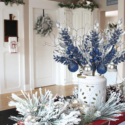 DILATATA 3 Pcs Christmas Glitter Leaves Fern Stems with Ball Ornament, Bay Leaves, 15 Inch Artificial Christmas Picks Floral Branches for Christmas Tree, Xmas Wreath, Centerpieces, Home Decor - Blue