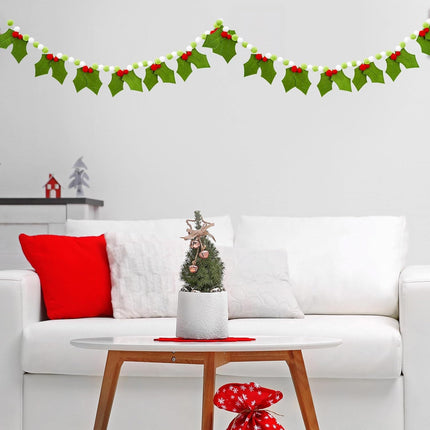 Whaline Christmas Holly and Berries Felt Garland Red White Green Leaves Pom Pom Banner Xmas Hanging Ornament for Winter Holiday Indoor Outdoor Home Party Decor