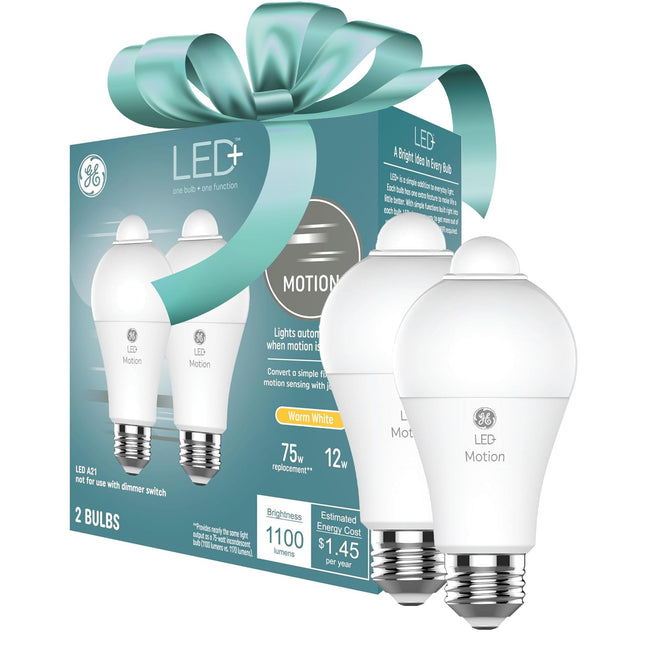 GE LED+ Motion Sensor LED Light Bulbs, 12W, Outdoor Security Lights, A21 Bulbs, Warm White, Great Christmas s for Men, Holiday for Women, Perfect Dad s (2 Pack)