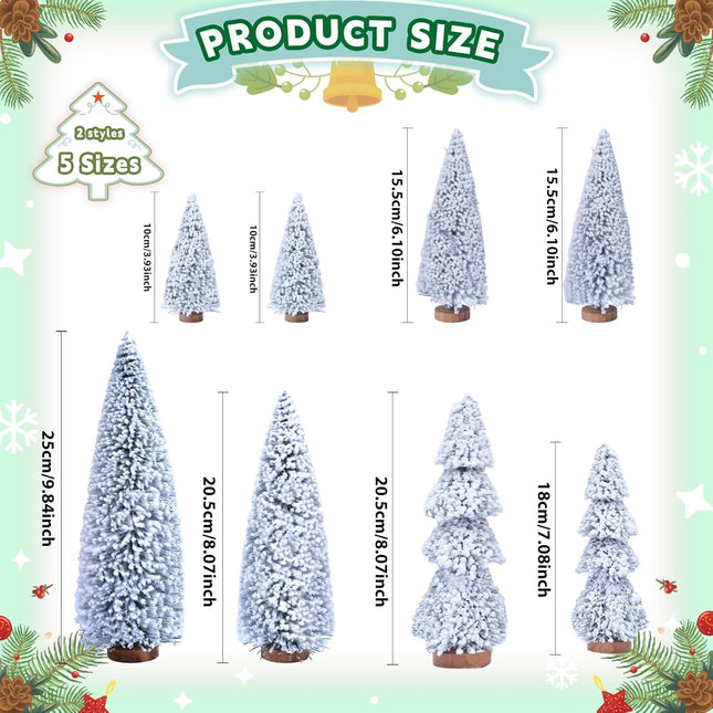 AerWo 8Pcs Mini Christmas Trees Flocked Bottle Brush Christmas Trees 4''-10'' with Wooden Bases, Small Christmas Trees for Tabletop Christmas Decor Village Crafts Winter Holiday Table Decorations