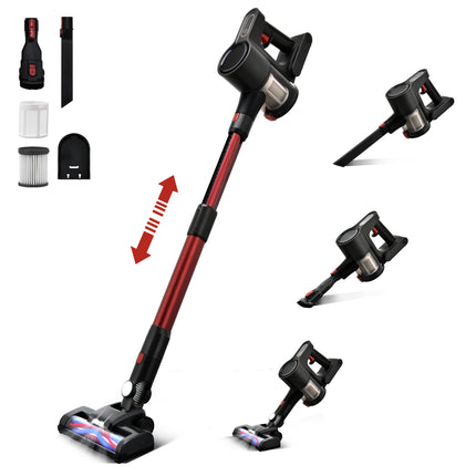 Cordless Stick Vacuum Cleaner, 6In1 Lightweight Stick Vacuum W250W Powerful Brushless Motor & Led Display, Portable Wireless Rechargable Vacuum For Home, Hard Floor Black & Burgundy
