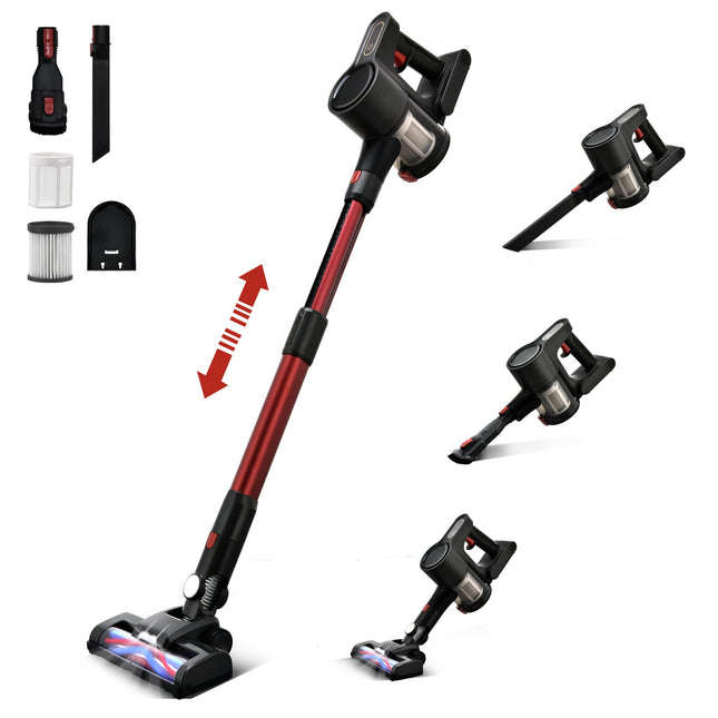 Cordless Stick Vacuum Cleaner, 6In1 Lightweight Stick Vacuum W250W Powerful Brushless Motor & Led Display, Portable Wireless Rechargable Vacuum For Home, Hard Floor Black & Burgundy