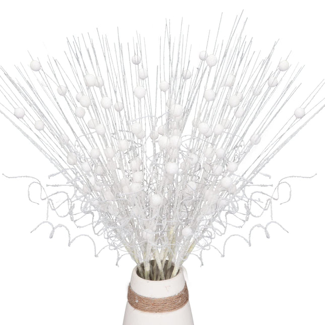 16Pcs Glitter Christmas Tree Picks Curly Sprays Sparkle Artificial Berry Stems Twigs 17" Ting Branches Vase Fillers Decorative Sticks for Xmas Tree Decorations Winter Wreath DIY Crafts (16, White)