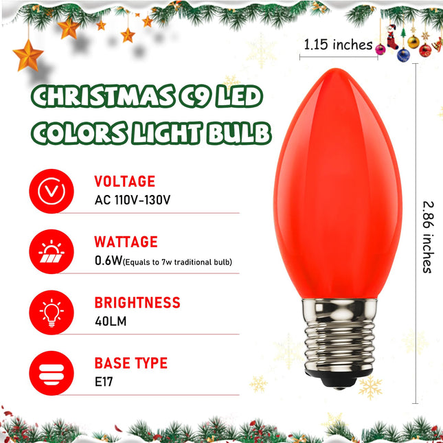 25 Pack C9 LED Red Christmas Lights Bulbs, Opaque Red Shatterproof LED Bulbs Replacement for Christmas Outdoor Patio String Lights, 0.6W Equivalent to 7W, Red Night Light Bulbs, E17 Intermediate Base