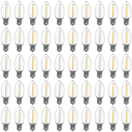 Meconard C9 Led Replacement Christmas Light Bulbs, C9 Shatterproof Plastic Led Bulbs for Christmas Outdoor String Lights, E17 Intermediate Base, Commercial Grade Holiday Bulbs, Warm White, 50 Pack
