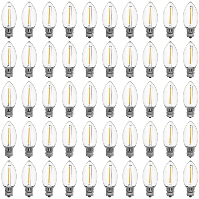 Meconard C9 Led Replacement Christmas Light Bulbs, C9 Shatterproof Plastic Led Bulbs for Christmas Outdoor String Lights, E17 Intermediate Base, Commercial Grade Holiday Bulbs, Warm White, 50 Pack