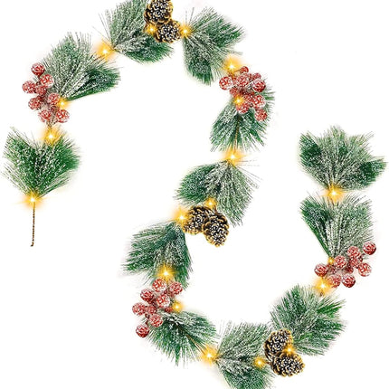 [Timer & Lighted]6 Ft Prelit Christmas Garland with Lights Snowy Cedar Garland Battery Operated 12 Bristle Pine 48 Red Berry 6 Pinecones Xmas Decor Flocked Christmas Garland for Mantle Winter Holiday
