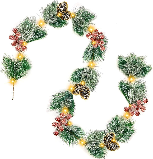 [Timer & Lighted]6 Ft Prelit Christmas Garland with Lights Snowy Cedar Garland Battery Operated 12 Bristle Pine 48 Red Berry 6 Pinecones Xmas Decor Flocked Christmas Garland for Mantle Winter Holiday