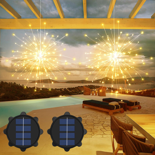 2 PCS Solar Lights Outdoor Solar Firework Lights, 240 LED Solar Powered Hanging Lights Outdoor Waterproof Hanging Fairy Garden Lights Landscape Lights Christmas Decorations (Warm White)