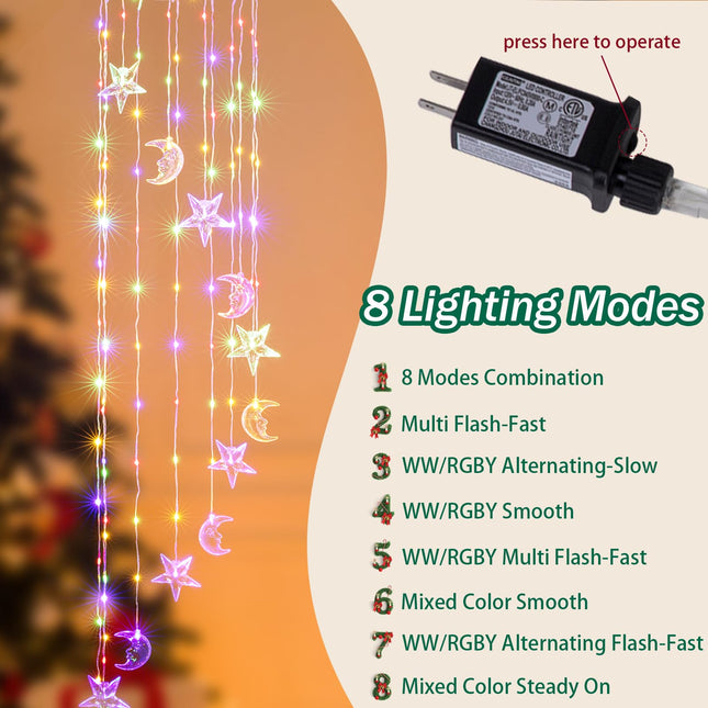 Hanging Icicle Christmas Lights Outdoor, Plug-in Multicolor 112 LED Christmas Fairy Twinkle Lights with 8 Lighting Modes, Waterproof Wind chime Lights for Window Patio Porch Outdoor Indoor Decor(Star)