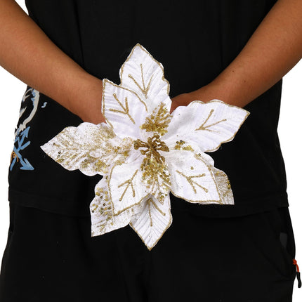 GL-Turelifes 10.7’’ Large Glitter Christmas Flowers 6 Pcs Artificial Poinsettia Flower Ornaments Fold Floral for Christmas Tree Decorations Xmas Tree Year Party Wedding Centerpiece (White)