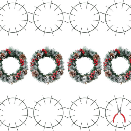 12 Pcs 12'' Christmas Wire Wreath Frames with Plier Metal Live Wreath Form Heavy Duty Wreath Frame Round Wreath Making Rings Base, Adjustable Shape, for Christmas, Green