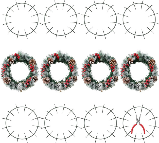 12 Pcs 12'' Christmas Wire Wreath Frames with Plier Metal Live Wreath Form Heavy Duty Wreath Frame Round Wreath Making Rings Base, Adjustable Shape, for Christmas, Green