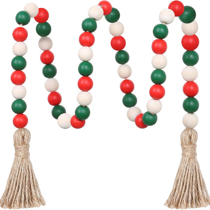 Christmas Wood Bead Garland,39in Farmhouse Beads with Tassels Christmas Tiered Tray Decor Wall Hanging Home Ornaments for Christmas Tree Decorations