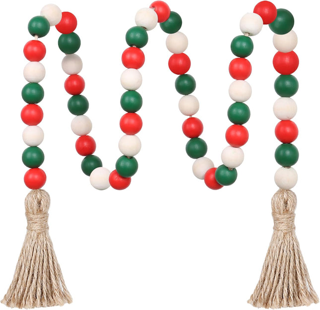 Christmas Wood Bead Garland,39in Farmhouse Beads with Tassels Christmas Tiered Tray Decor Wall Hanging Home Ornaments for Christmas Tree Decorations
