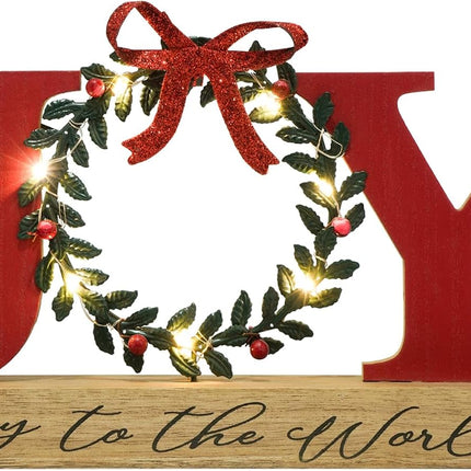 Christmas Decorations for Home LED Lighted Joy Sign with Wreath Farmhouse Wooden Rustic Tabletop Decorative Sign Xmas Holiday Home Decor Indoor Room