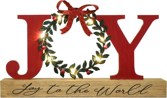 Christmas Decorations for Home LED Lighted Joy Sign with Wreath Farmhouse Wooden Rustic Tabletop Decorative Sign Xmas Holiday Home Decor Indoor Room
