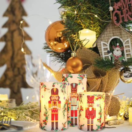 Christmas Flameless Candles Battery Operated, Holiday Nutcracker LED Candles with Remote, Realistic Pillar Candles for Xmas Tree, Mantel, Home Decor, Set of 3
