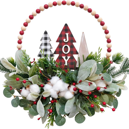 16” Welcome Wreaths for Front Door Wooden Beads Christmas Decoration Wreath with Lamb's Leaves Pine Needles Cotton Farmhouse Welcome Sign for Walls, Farmhouses, Holiday Party, Indoor Decorations