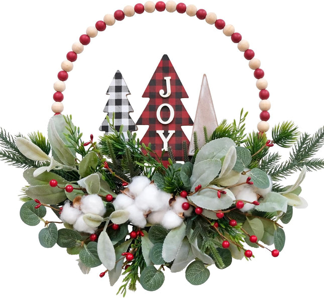 16” Welcome Wreaths for Front Door Wooden Beads Christmas Decoration Wreath with Lamb's Leaves Pine Needles Cotton Farmhouse Welcome Sign for Walls, Farmhouses, Holiday Party, Indoor Decorations