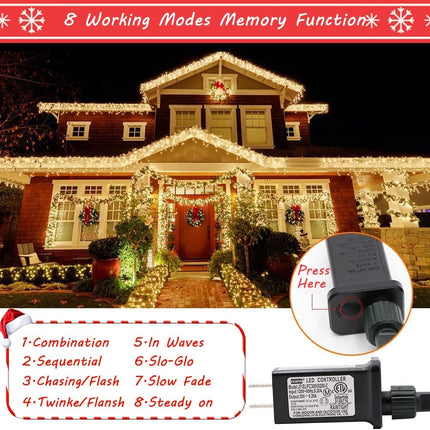 Christmas Lights Outdoor, 105FT 300 LED Christmas Tree Lights Indoor with 8 Modes, End-to-End Plug, UL , Waterproof Fairy String Lights for Xmas Tree Decorations Garden Party(Warm White)