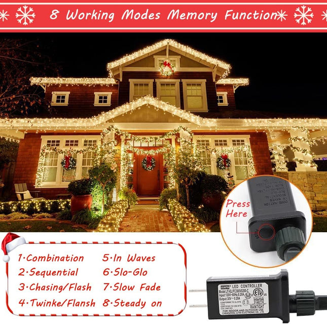 Christmas Lights Outdoor, 105FT 300 LED Christmas Tree Lights Indoor with 8 Modes, End-to-End Plug, UL , Waterproof Fairy String Lights for Xmas Tree Decorations Garden Party(Warm White)