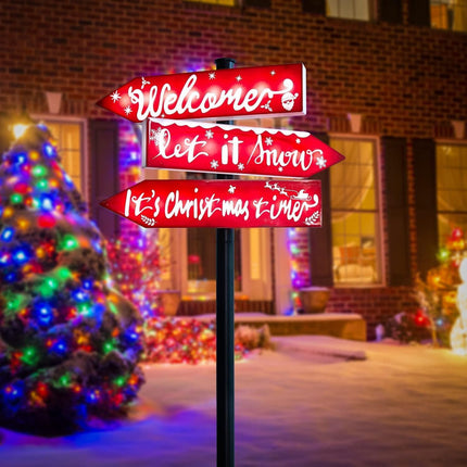 Solar Christmas Welcome Yard Sign Lights Decoration, 39" Large Waterproof Xmas Solar Pathway Lights with 24 LED Lights Christmas Time Light Up Sign Outdoor for Front Door Lawn Patio Garden Decor