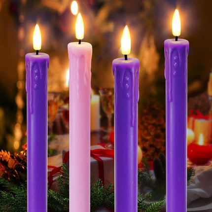 Set of 4 LED Christmas Advent Candle Lights, Battery Operated Taper Candles for Advent Wreath, 3 Purple 1 Rose Flickering Wax Flameless Candles for Holiday School Church Advent Celebration